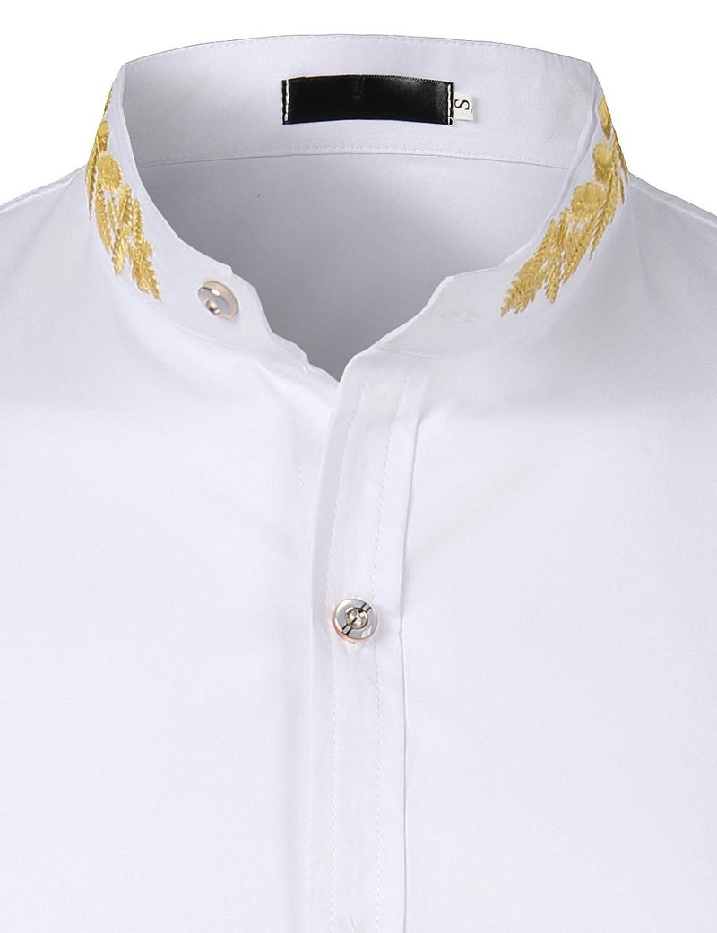 ZEROYAA Mens Hipster Gold Embroidery Mandarin Collar Slim Fit Long Sleeve Casual Dress Shirts Z52 White Large - Image 4